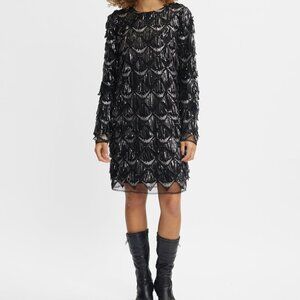 GESTUZ Yasnagz Black Long Sleeve Sequin Fringe Mesh Shift Dress